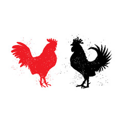 Two red and black roosters are looking at each other. Happy new year 2017 zodiac. Greeting card. Imitation of hand drawing or painting of roosters silhouette with Chinese calligraphy ink.