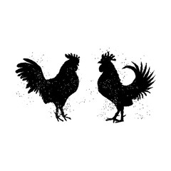 Fototapeta na wymiar Pair of black roosters are looking at each other. Happy new year 2017 zodiac. Greeting card. Imitation of hand drawing or painting of roosters silhouette with Chinese calligraphy ink.