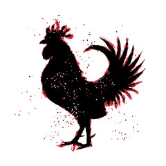 Chinese 2017 new year of the Rooster symbol. Red and black paint color brush roosters silhouette. Imitation of hand drawing or painting of rooster with Chinese calligraphy Inksticks or India ink.  © desertsands