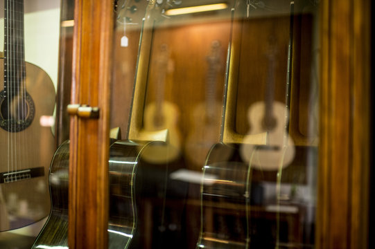 Close-up of a guitar in a workshop of a luthier