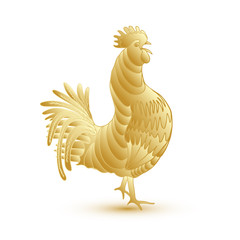 Gold metallic rooster on white background is looking at right. Hand drawing doodle with gradients. Chinese calendar Zodiac for 2017 New Year of rooster. Rooster golden silhouette. Chinese New Year. 