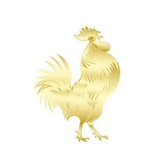 Gold metallic crowing rooster on white background is looking at right. 