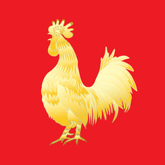 Chinese 2017 new year of the Rooster symbol. Gold metallic rooster on red background is looking at left. Hand drawing doodle with gradients. Chinese calendar Zodiac. Rooster golden silhouette.