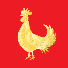 Chinese 2017 new year of the Rooster symbol. Gold metallic rooster on red background is looking at left. Hand drawing doodle with gradients. Chinese calendar Zodiac. Rooster golden silhouette.
