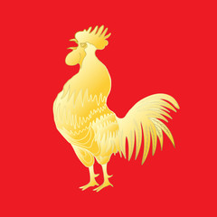 Chinese 2017 new year of the Rooster symbol. Gold metallic rooster on red background is looking at left. Hand drawing doodle with gradients. Chinese calendar Zodiac. Rooster golden silhouette.