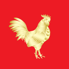 Chinese 2017 new year of the Rooster symbol. Gold metallic rooster on red background is looking at left. Hand drawing doodle with gradients. Chinese calendar Zodiac. Rooster golden silhouette.