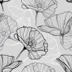 Monochrome seamless pattern with poppies. Hand-drawn floral background