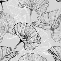 Fotobehang Klaprozen Monochroom naadloos patroon met papavers. Handgetekende bloemenachtergrond