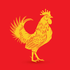 Traditional yellow gold rooster on red background as zodiac symbol