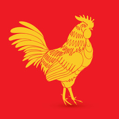 Traditional yellow gold rooster on red background as zodiac symbol for Chinese New year 2017. Hand drawing cock design element for Chinese New year cards. Chinese Year of the Rooster zodiac emblem.