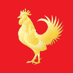 Chinese 2017 new year of the Rooster symbol. Gold metallic rooster on red background is looking at right. Hand drawing doodle with gradients. Chinese calendar Zodiac. Rooster golden silhouette.