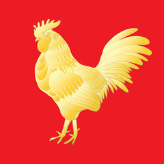 Chinese 2017 new year of the Rooster symbol. Gold metallic rooster on red background is looking at right. Hand drawing doodle with gradients. Chinese calendar Zodiac. Rooster golden silhouette.
