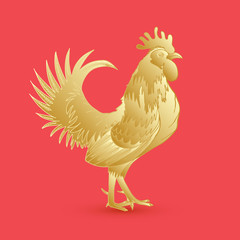 Golden rooster on red background looking at right. Chinese calendar Zodiac for 2017 New Year of rooster. Rooster golden silhouette. Hand drawing doodle with gradients. Chinese Happy New Year. 