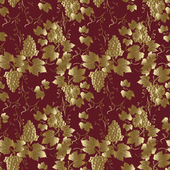 Seamless pattern from gold royal grapes and gold grape leaves on the wine color background. Can be repeated and scaled to any size without  loss of resolution