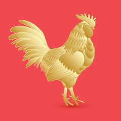 Golden rooster on red background looking at right. Chinese calendar Zodiac for 2017 New Year of rooster. Rooster golden silhouette. Hand drawing doodle with gradients. Chinese Happy New Year. 