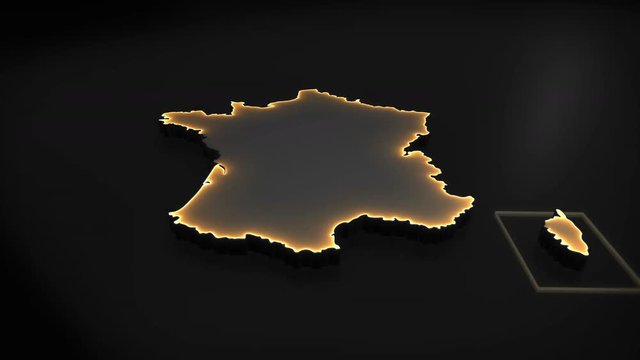 Seamless looping 3D animation of the map of France including 2 versions and alpha matte
