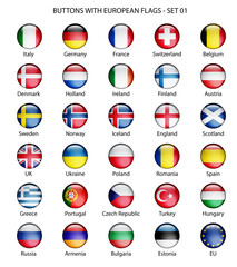 Set bottoni di vetro con bandiere europee vettoriali 