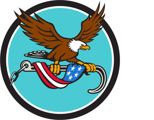 Fototapeta premium American Eagle Clutching Towing J Hook Flag Drape Circle Retro