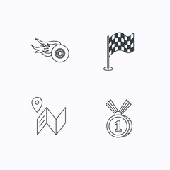 Race flag, map and winner award icons.