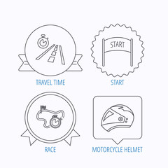 Motorcycle helmet, race timer and travel time.