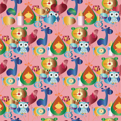 Seamless pattern for baby. On the pink background are baby in the cradle, colored balls, feeding bottle, toys, clock,yellow chick, blue giraffe, soother,blue owl, flower, rattle.
