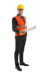 Engineer in vest and helmet holding blueprint isolated on white