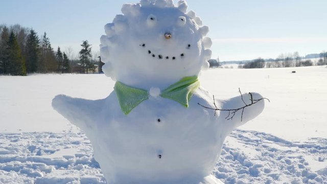 Closer look of the spiky haired snowman. With a big smile and eyes and a green bow tie