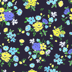 Abstract seamless pattern with isolated blue and yellow flowers.