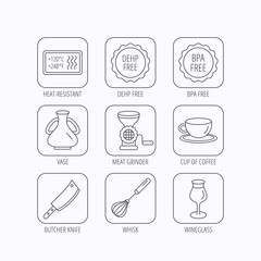 Coffee cup, butcher knife and wineglass icons.