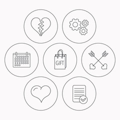 Love heart, gift box and arrows icons.