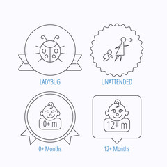 Infant child, ladybug and 0+ months child icons.