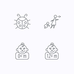 Infant child, ladybug and 0+ months child icons.