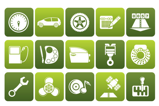 Flat car parts, services and characteristics icons - vector icon set