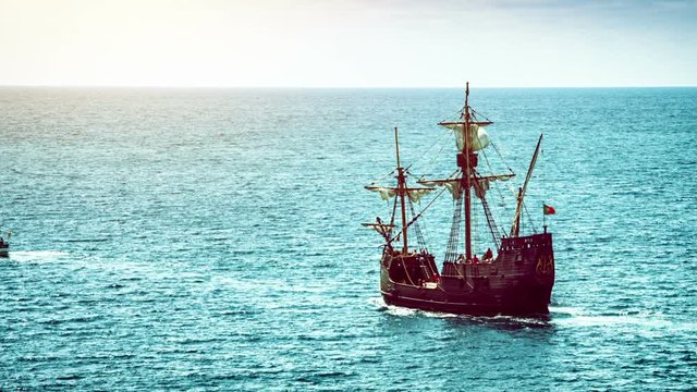 Summer seascape with caravel ship, Madeira island