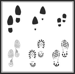 Footprint icon. Vector family shoe step print set: female, male, mom, dad, kid. high heels, sports running shoes, skating footwear, classic shoes, child footprints, boots print. Isolated illustration