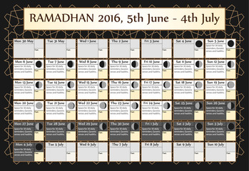 Ramadan calendar 2016, 5th June. Choice: 1st of 3. Includes: fasting tick calendar, moon cycle-phases-, Ramadan quotes. 30 days of Ramadan on black background with Islamic pattern. Vector illustration