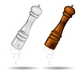 pepper grinder, salt spice shaker, black pepper mill vector doodle. Seasoning Italian wooden hand grinder. Restaurant kitchen tool. isolated graphic illustration