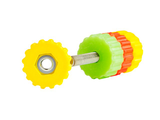 Plastic nut screw produced by 3d printing with incorporated iron nut. Bolt with yellow, red and...