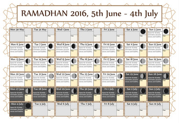 Ramadan calendar 2016, 5th June. Choice: 1st of 3. Includes: fasting tick calendar, moon cycle-phases-, Ramadan quotes. 30 days of Ramadan on white background with Islamic pattern. Vector illustration