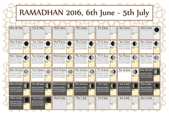 Ramadan calendar 2016, 6th June. Choice: 2nd of 3. Includes: fasting tick calendar, moon cycle-phases-, Ramadan quotes. 30 days of Ramadan on white background with Islamic pattern. Vector illustration