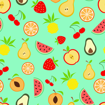 Exotic summer fruits, Seamless colorful pattern with fruits, flat design