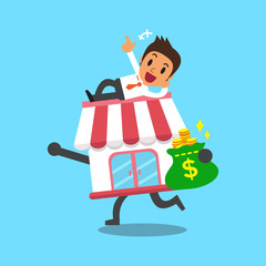 Cartoon businessman and business store