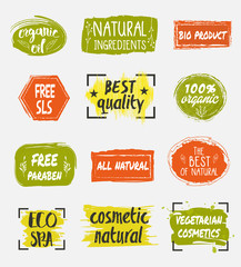 Natural organic cosmetic product labels set. Eco spa icon. Vegetarian cosmetics tag. Free sls.