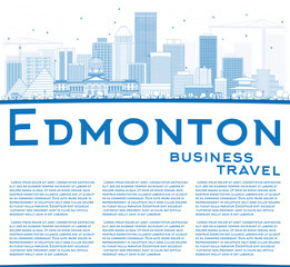 Outline Edmonton Skyline with Blue Buildings and Copy Space.