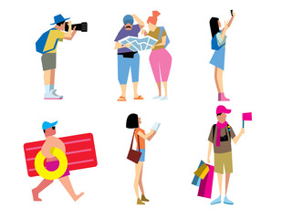 Travelling people. Funny tourist. Couple of journey. Trip and vacation man and woman. Summer time.