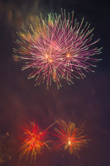 Colorful wedding fireworks in the sky. Beautiful lights in the sky.