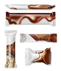 White polyethylene package, chocolate bar, vector mockup set