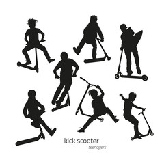 Jumping on a kick scooter silhouettes teen on the white background. Vector illustration © shurkin_son