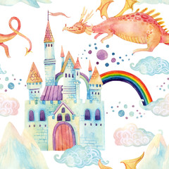 Fototapeta na wymiar Watercolor fairy tale seamless pattern with cute dragon, magic castle, mountains and fairy clouds
