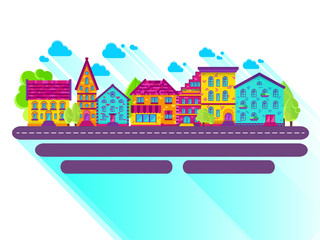 Colection of houses in a row, city street, bright colored vector houses, flat design, EPS 10